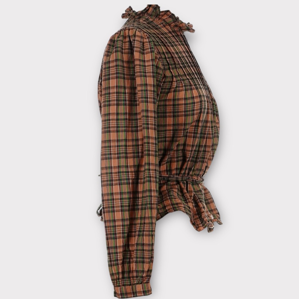 DÔEN Palmera Check Printed Waist Belted Pintucked Organic Cotton Voile Blouse - Picture 7 of 10
